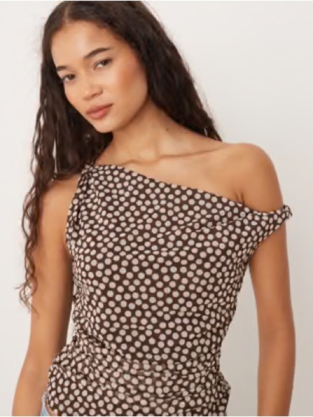 Abercrombie & Fitch Asymmetric Ruched Mesh Top in Brown Polka Dot NWT Size XL